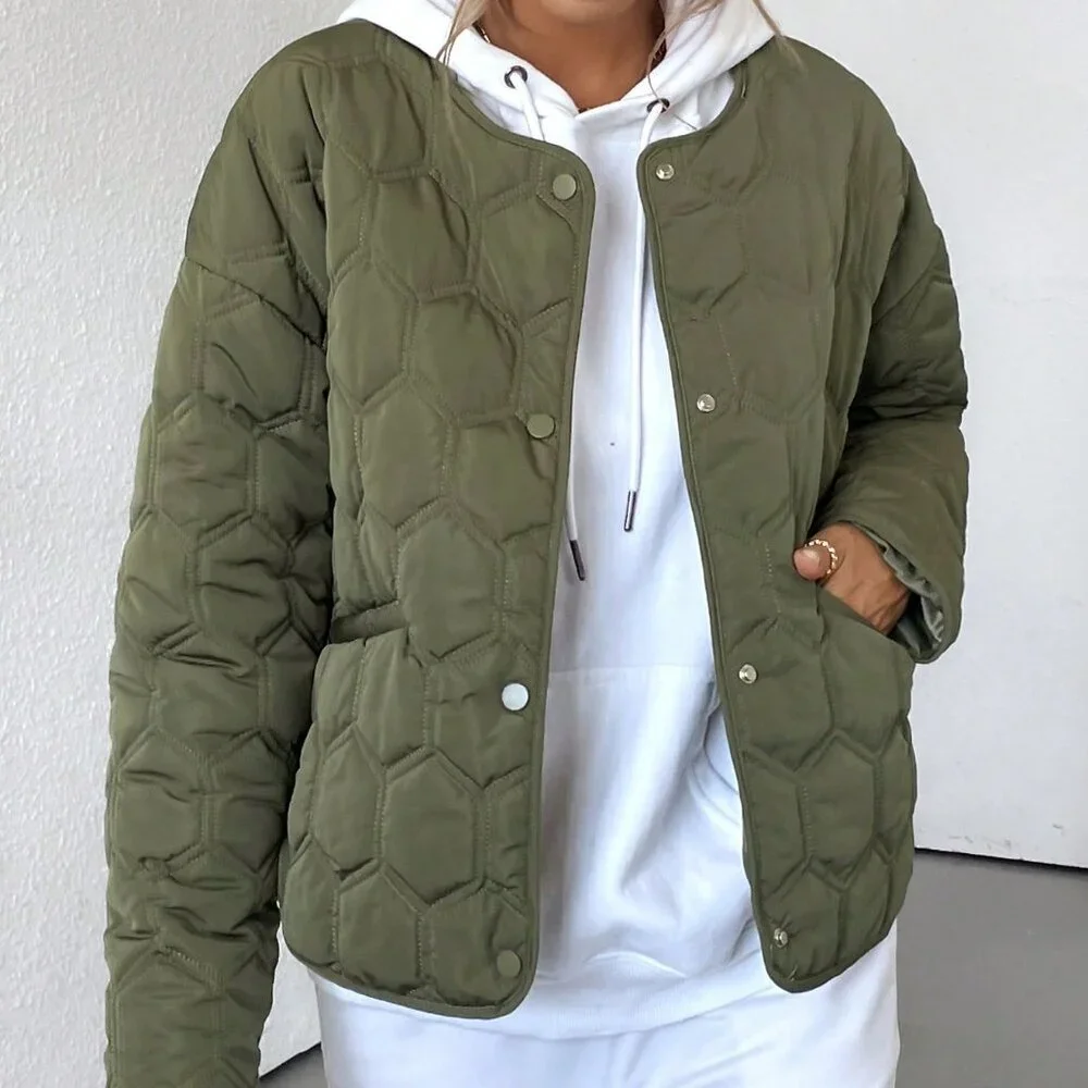 Army Green Casual Women's Geometric Insulated Coat Jacket